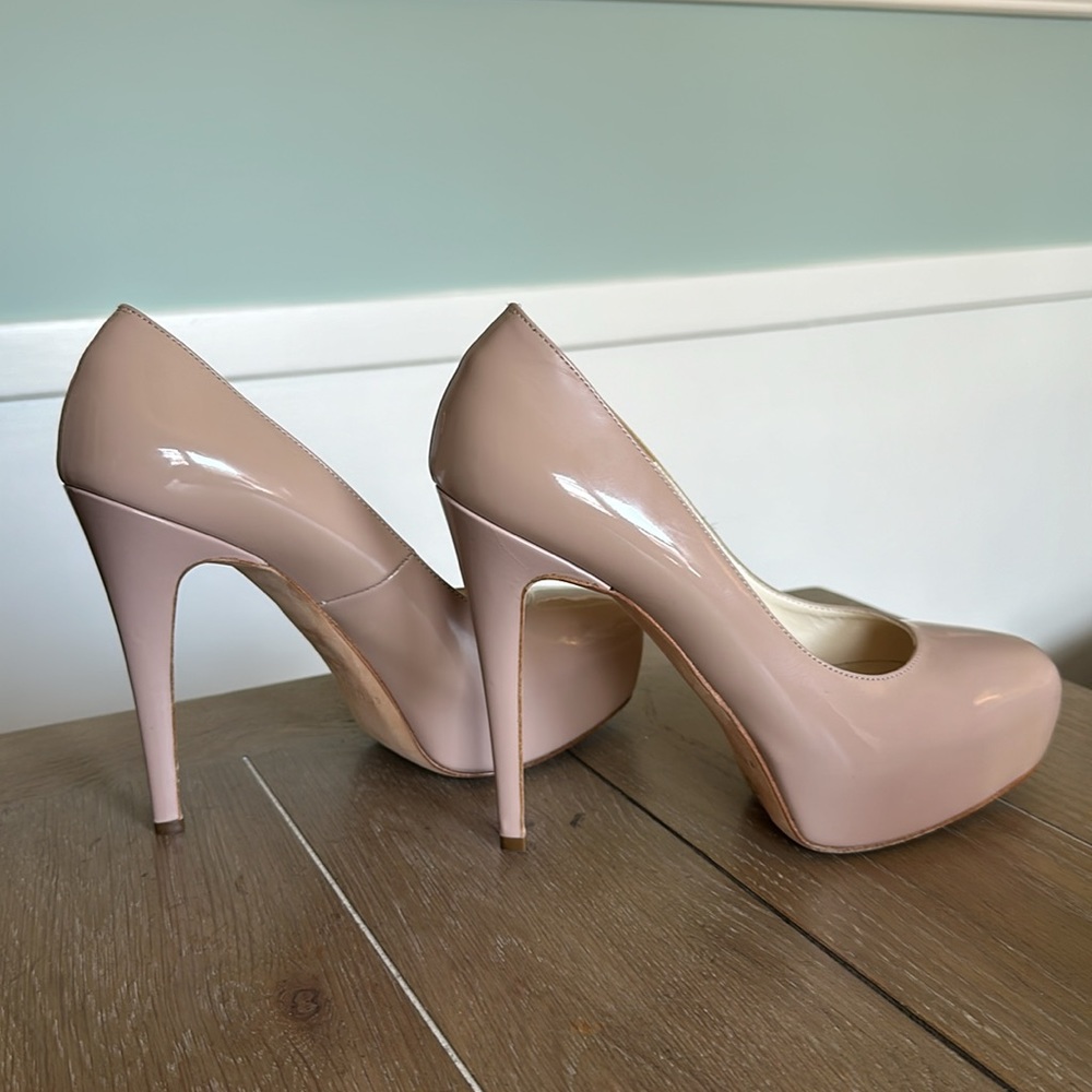 Brian Atwood Maniac NIB 38.5 US 8 pink nude patent leather 120 heel w platform